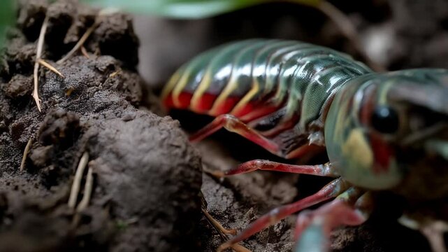 Close-up of colorful crayfish crawling on dark dirt, showcasing its vibrant exoskeleton and delicate antennae in a natural setting.