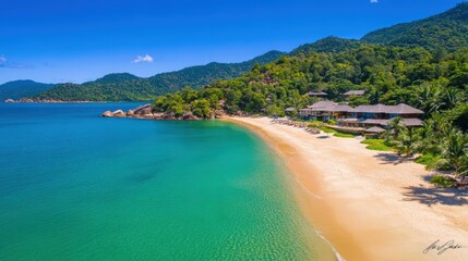 Fototapeta premium Serene beach landscape with clear turquoise waters, lush green hills, and resort in background