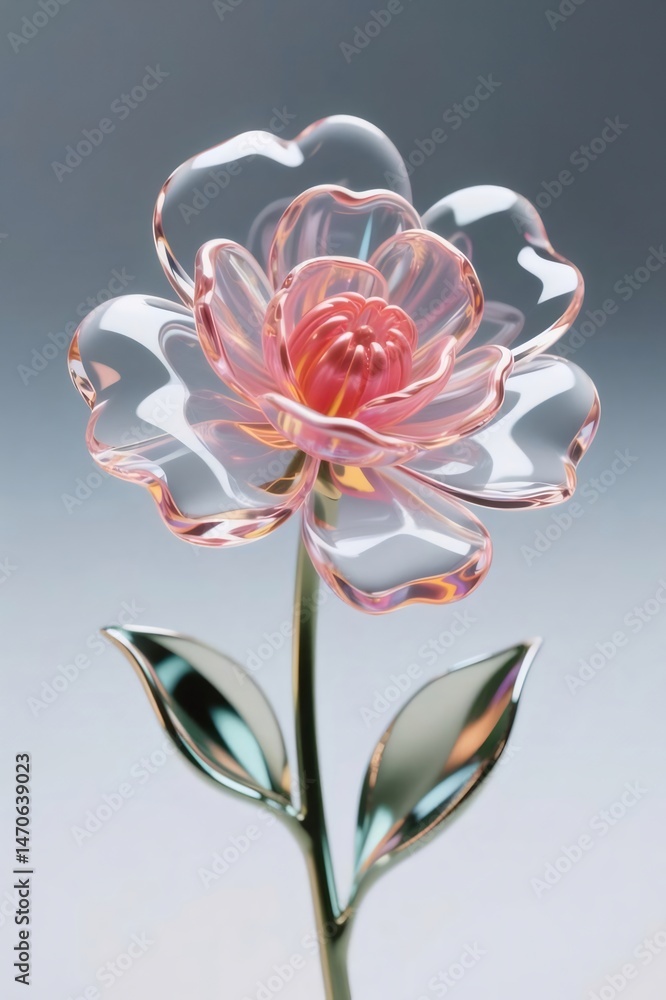 Poster ピンクのアクセントを持つ透明なガラスの花のクローズアップ 光沢のある葉と背景を持つ花の装飾的で現代的なスタジオ ショット