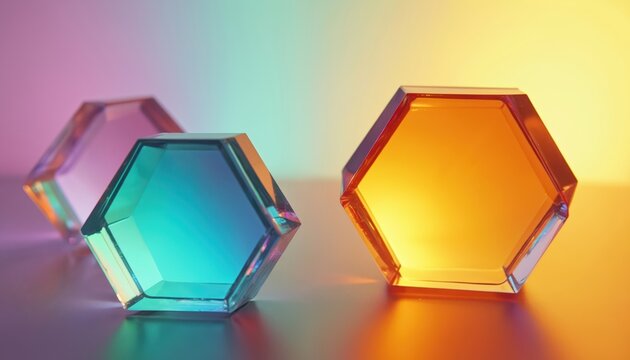 Creative composition features multiple prisms refracting different colors against bright background. Hexagonal glass objects reflect light in different hues creating colorful, vibrant gradients.
