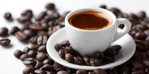 Fototapeta premium Espresso cup on saucer surrounded by coffee beans, showcasing a rich, dark brown coffee crema. Symbol of morning energy and coffee culture