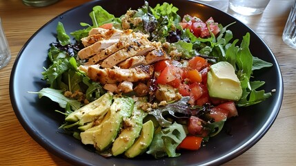 Grilled chicken salad with mixed greens avocado and a light vinaigrette