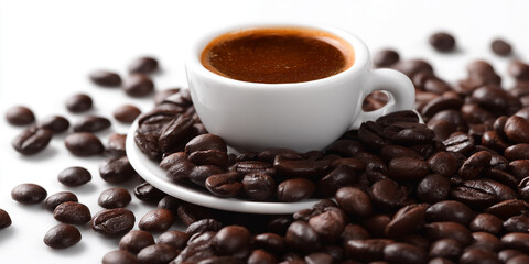 Fototapeta premium Espresso in white cup on saucer, surrounded by dark brown coffee beans White background, showcasing rich aroma and energy