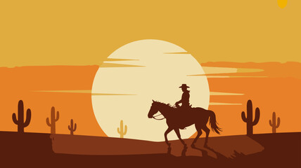 Naklejka premium Minimalist Cowboy Desert Sunset – Silhouette Horse and Rider Galloping Through Cactus Landscape with Bold Western Aesthetic