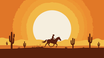 Naklejka premium Minimalist Cowboy Desert Sunset – Silhouette Horse and Rider Galloping Through Cactus Landscape with Bold Western Aesthetic