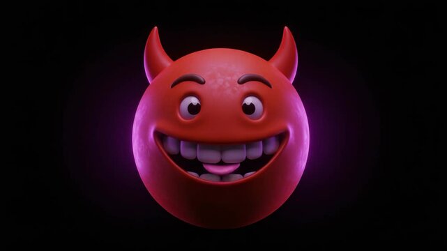 3D animated red devil emoji with a playful grin, big eyes, and tongue sticking out on dark background. Fun and expressive character animation.