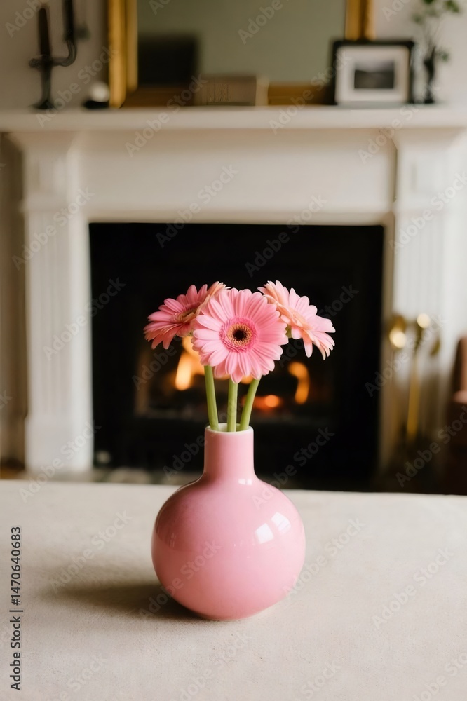 Aufkleber ピンクのガーベラの花瓶と背景の暖炉のある屋内の静物