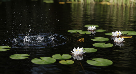 Water lilies float serenely on a dark pond, amidst splashing water, creating a tranquil and natural scene. 