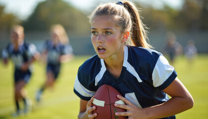 Young female flag football player holds ball, ready to compete in game. High school athlete sports on green field. Team action competition during match. Girl runs, play with ball.