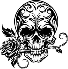 Fototapeta premium Skull tattoo design, SVG with clean lines. Skull Design with Rose and Decorative Elements in Black