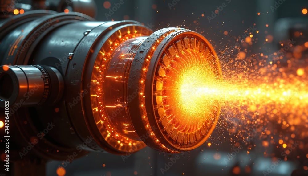 Poster Futuristic reactor chamber in action. Precisely controlled nano-repetition pulses ignite dihydrogen fuel. Advanced tech, dazzling fire, energy reaction illuminate space behind. Innovation, science