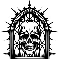 
Skull tattoo design, SVG with clean lines. Intricate Gothic Skull Design with Spiked Archway Background