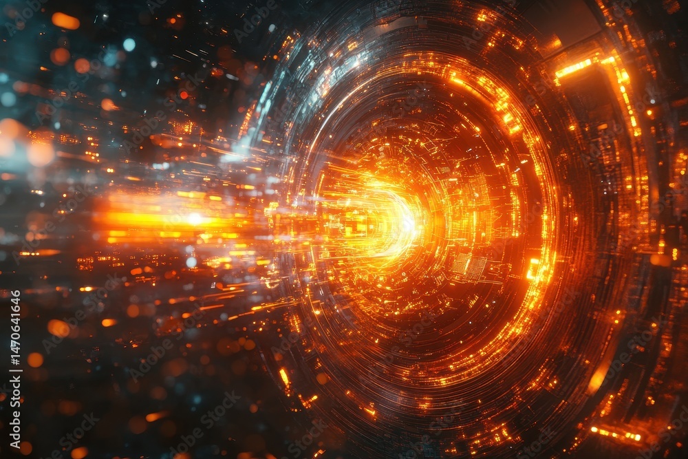 Poster futuristic digital space travel concept showcasing a vibrant high-speed object traversing through a 