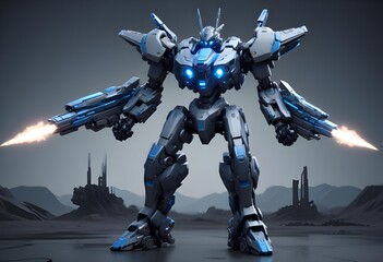 Fototapeta premium A sleek metallic gray and blue cyborg soldier
