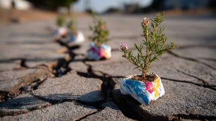 Resilience: Tiny flowers grow in painted pots amidst cracks in the concrete, symbolizing nature's ability to thrive in adversity.