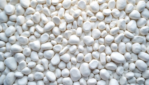 Close-up view of smooth white pebbles. Decorative gravel stones pattern for walkway garden interior. Abstract texture background. Ideal for zen, spa, meditation, wellness design minimalist decoration.