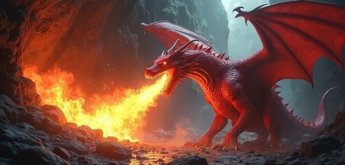 Red dragon breathes fire in a cave. Dragon with fire, wings, and scales. Fantasy art illustration, epic mythical creature, fiery breath, fantasy design.