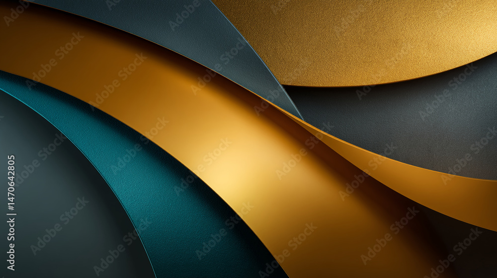 Poster abstract image of gold, teal, and dark gray textured shapes creating dynamic curves, showcasing eleg