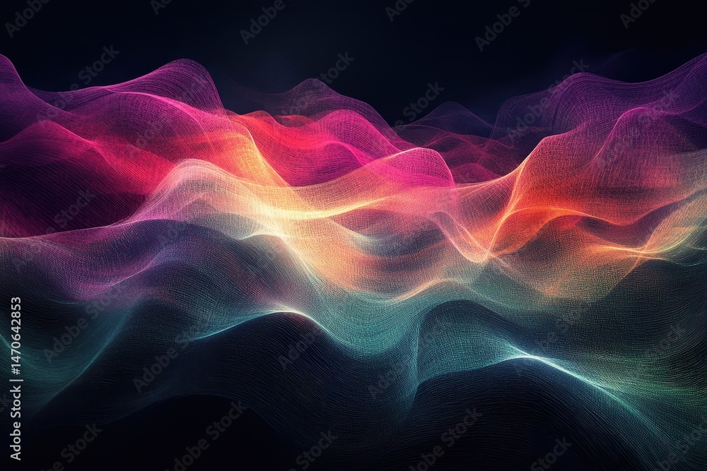 Poster colorful light waves flow across a digital landscape with vibrant patterns in the dark, creating an 