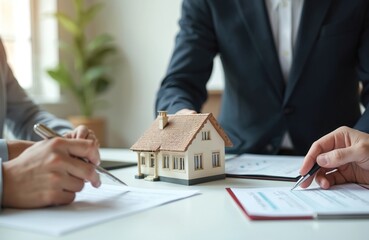 Real estate agent presents home loan contract to client. Customer discusses mortgage details, signing house rental insurance with approved property form. Banking concept, financial advisor services.