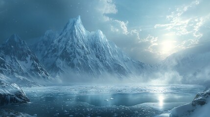 Pristine glacier lake surrounded towering snow covered peaks soft sunlight reflecting off the ice cinematic cold serenity