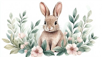 Enchanting Watercolor Rabbit with Delicate Blush Flowers