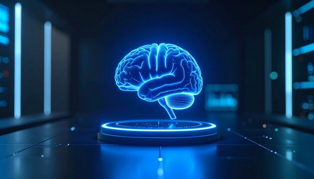 High-tech digital display of 3D brain scans with holographic charts and medical data. Perfect for AI, neuroscience, healthcare innovation, and futuristic technology concepts.