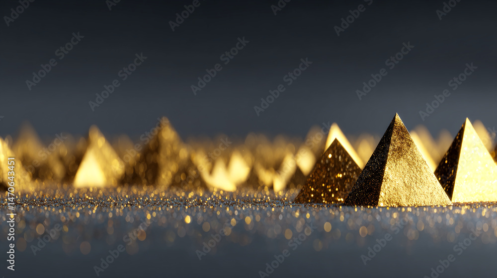 Poster Golden glitter pyramids on a sparkly surface, creating a luxurious and elegant scene, ideal for showcasing products or as a design element