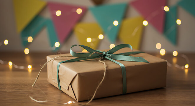 A wrapped gift sits atop a wooden surface with a garland of string lights in the foreground and a triangle banner in the background.