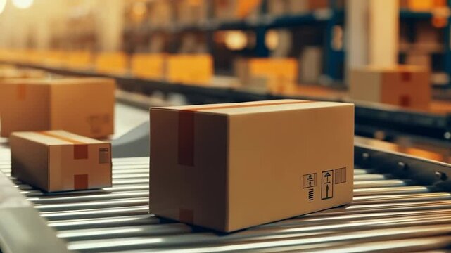In a warehouse setting, several cardboard boxes are placed on a conveyor belt, presumably for distribution and transportation. The boxes are in motion, suggesting an automated logistics system.