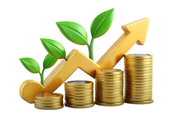 Transparent PNG 3D Financial Growth Money Investment and Wealth Profit Concept with Gold Coins Isolated on White Background.