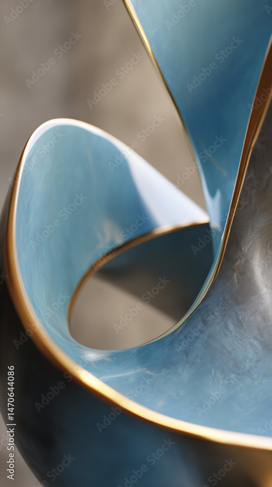 Poster close-up of swirling blue form with gold edging, showcasing smooth, glossy texture. abstract design 