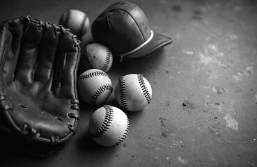 Black and white baseball flat lay with balls mitt and cap on a grunge background. Vintage sport equipment, old worn leather baseballs. Perfect backdrop for sport advertising posters.