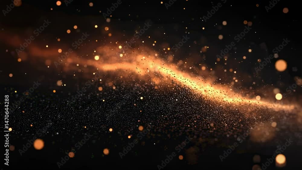 Poster abstract golden light particles flowing on dark background, bokeh effect