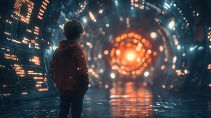 Child gazes at a futuristic portal
