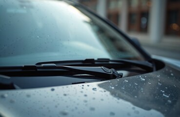 Close-up automotive photo shows windshield and wipers of modern car. Raindrops on the glass, details in the frame. Automotive industry, vehicle maintenance, car care tech. Transportation concept.