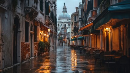 Venetian alleyway at twilight, reflecting a church dome.