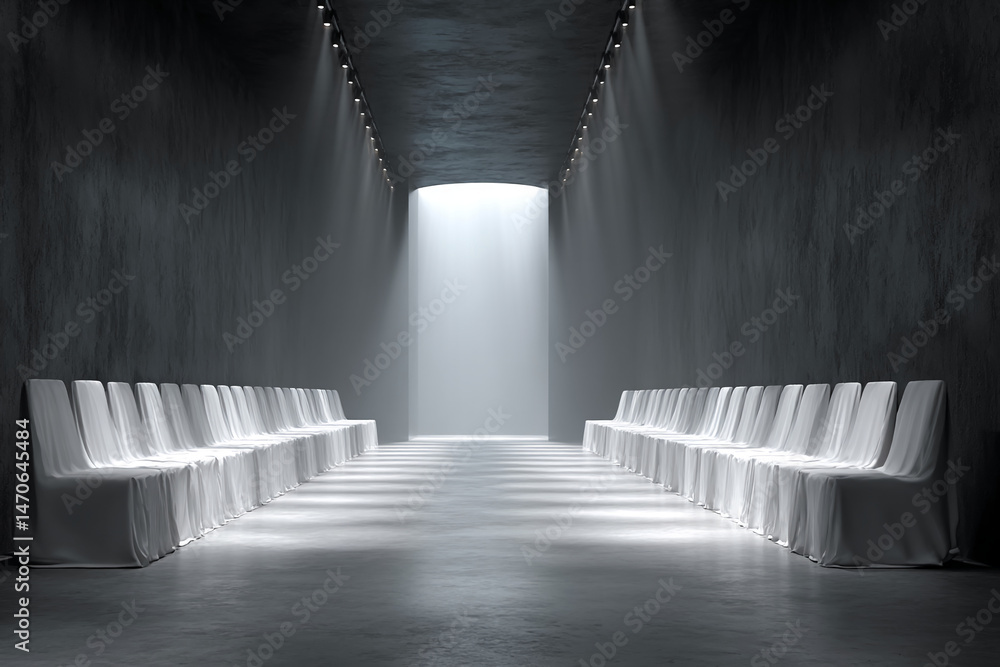 Poster empty runway with rows of draped chairs in a minimalist dark hall, showcasing a clean, elegant, and 