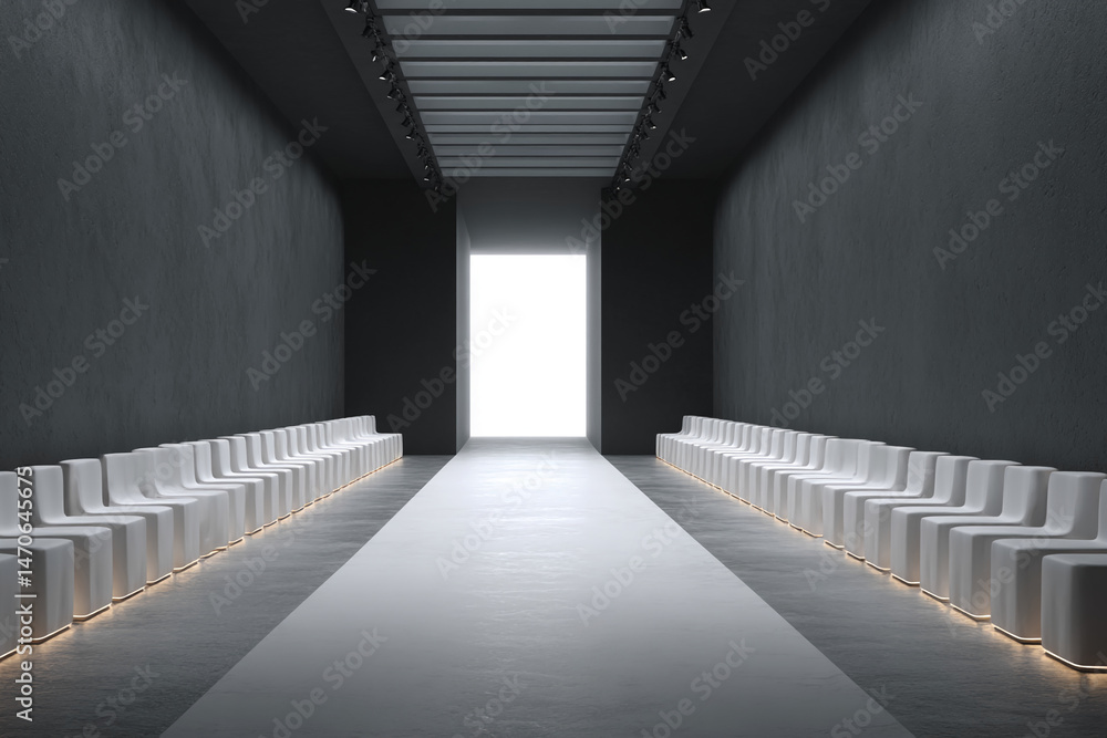 Poster empty runway with white chairs on both sides, showcasing a minimalist, modern design suitable for fa