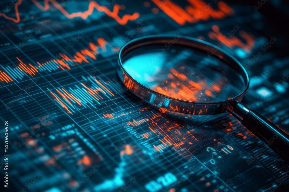 Poster close-up analysis of financial data through magnifying glass.