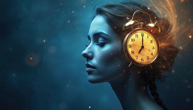 Illustration showing woman with clock on head, represents circadian rhythm. Visual metaphor time, health, body, sleep, wake cycle regulation. Concept emphasizes internal clock, balance, human health,