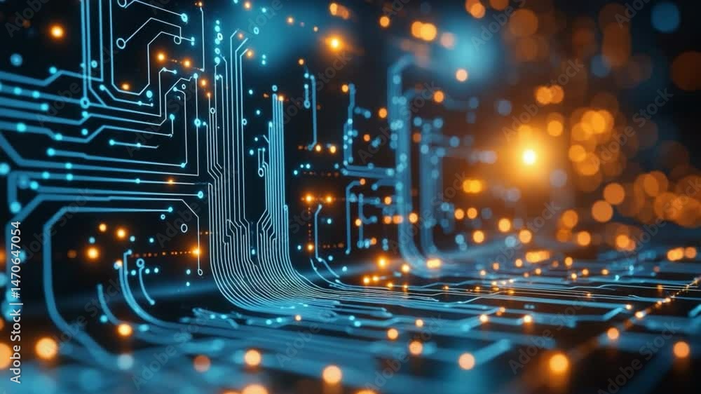 Poster abstract circuit board: glowing blue and orange circuitry creates a mesmerizing abstract pattern, su