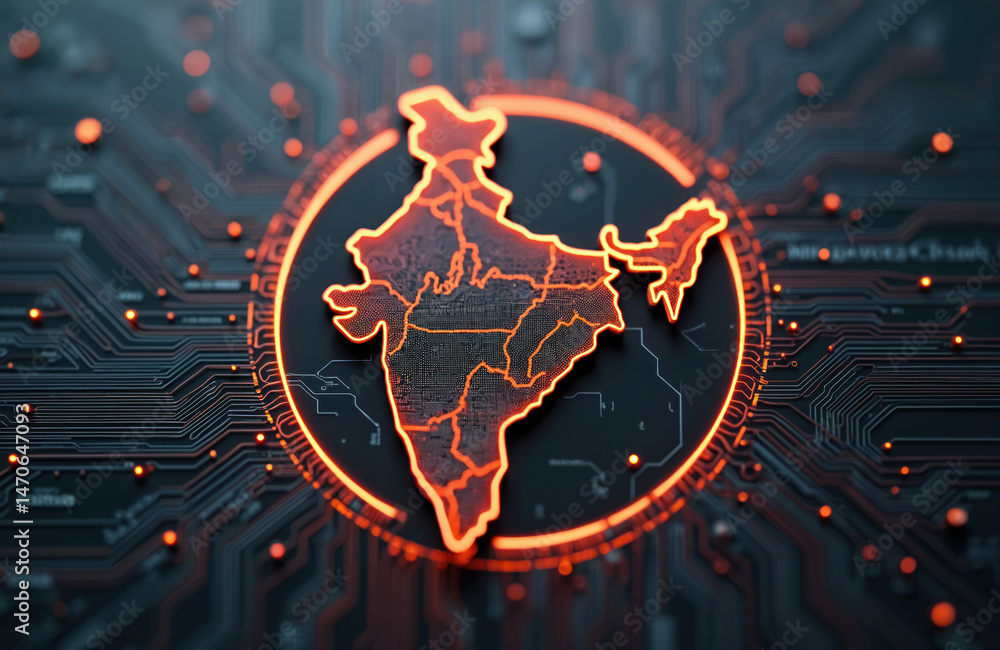 Poster digital map india, circuit board pattern, glowing orange circle. tech, innovation, connectivity conc
