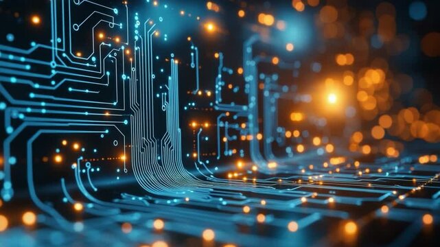 Abstract Circuit Board: Glowing blue and orange circuitry creates a mesmerizing abstract pattern, suggesting technological advancement and innovation.