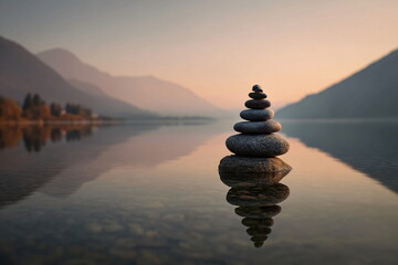 Obraz premium Pyramid of zen stones on a lake shore at sunset.