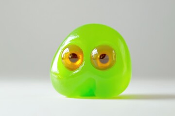 A bright green, gelatinous blob with large, expressive eyes sits on a pristine white surface, captivating and slightly humorous.