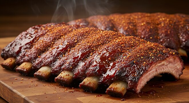 Barbecue spareribs St Louis cut with hot rub and BBQ sauce served as close-up on a wooden cutting board