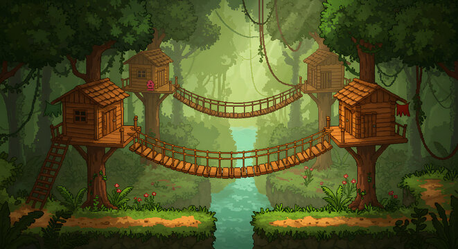 Fototapeta Detailed pixel art of treehouses connected by rope bridges in a lush, vibrant jungle setting.