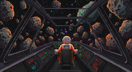 A pixel astronaut piloting a spaceship through a dense asteroid field in the starry cosmos.