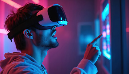 Young man wearing VR headset exploring virtual world. Interacts with digital interface. Futuristic gaming concept, metaverse entertainment. Interactive augmented reality tech, digital innovation,